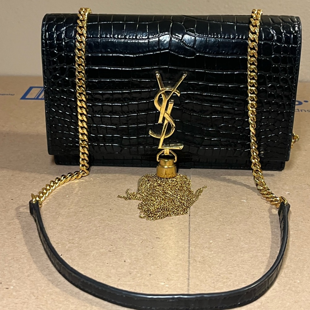 Authentic Saint Laurent Small Kate Crocodile embossed shoulder Bag with Tassel